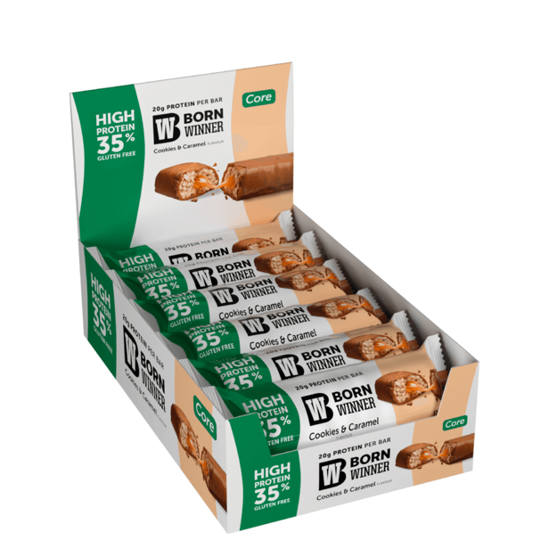 Born Winner Core baltyminiai batoneliai sausainiai su karamele 57g x 12 vnt Born Winner Core baltyminiai batoneliai sausainiai su karamele 57g x 12 vnt