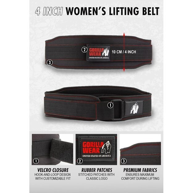 Gorilla Wear 4 Inch Women s Lifting Belt - Black/Red