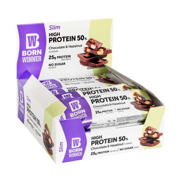 Born Winner Slim protein bar Chocolate Hazelnut 50% 12 vnt X 50g Born Winner Slim protein bar Chocolate Hazelnut 50% 12 vnt X 50g