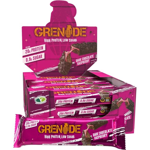 Grenade Protein bar Dark Chocolate Raspberry 12 vnt x 60 gr  Grenade Protein bar Dark Chocolate Raspberry 12 vnt x 60 gr