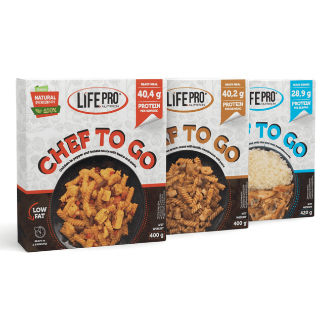 Life Pro Fit Food Chef To Go Vištiena su pipirais ir pomidorų padažu su pupelėmis ir makaronais 400g Life Pro Fit Food Chef To Go Vištiena su pipirais ir pomidorų padažu su pupelėmis ir makaronais 400g