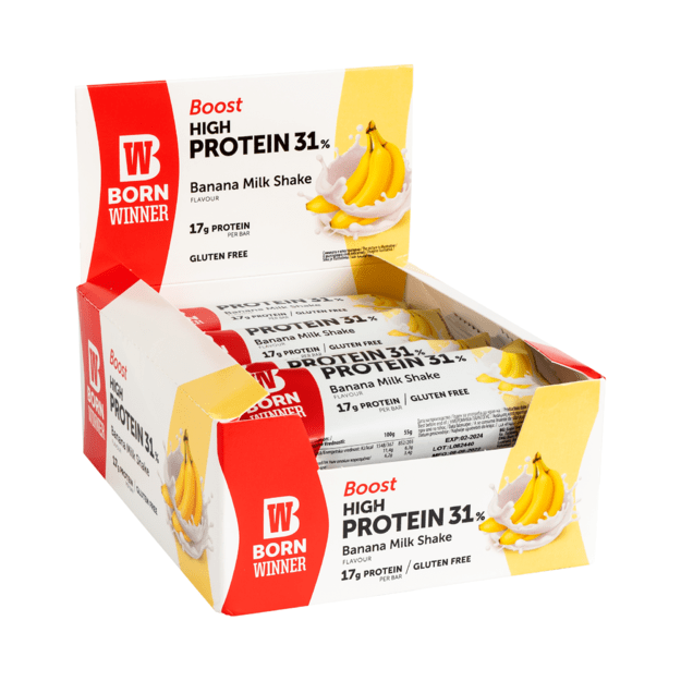 Born Winner Boost protein bar Banana milk shake 12 vnt x55g Born Winner Boost protein bar Banana milk shake 12 vnt x55g